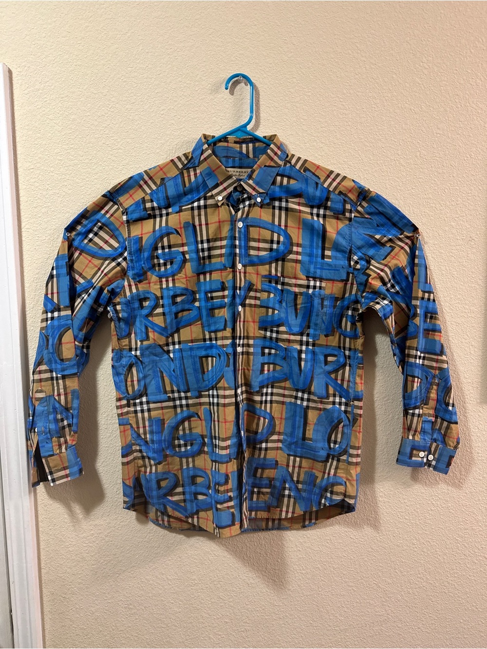 Burberry Tan Plaid Button-Down Shirt with Blue Graffiti Print